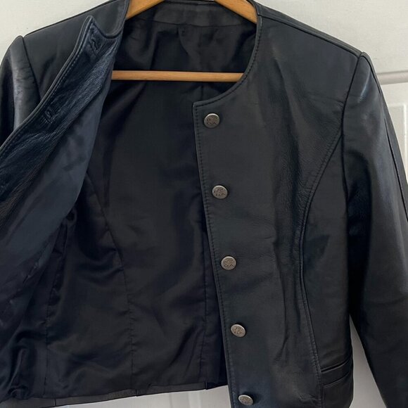 Hide Society Germany mob Wife Black Vintage Leather Cropped Moto Jacket Sz 34 - Picture 10 of 11